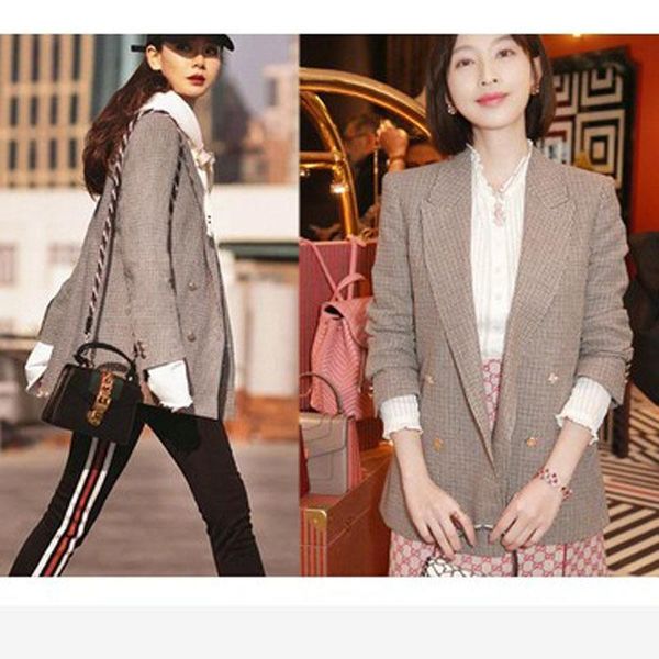 

women's suits & blazers autumn and winter small suit women casual retro plaid short section long sleeve outside, White;black