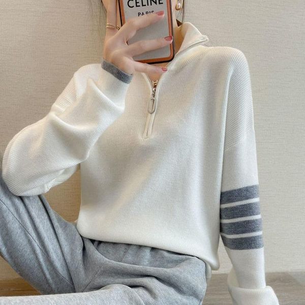 

women's sweaters turtleneck thicken all-match solid color knitted sweater autumn winter zipper simple stylish casual pullover, White;black