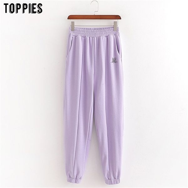 

purple embroidered sports pants elastic waist joggers pencil high trousers women 210421, Black;white