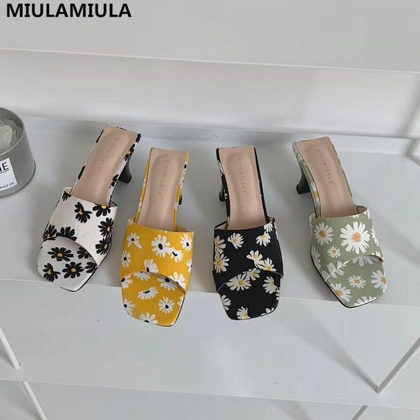 

dress shoes miulamiula brand designer 2021 summer square toe print flower heel lady pumps mules flip flops beach shoe, Black