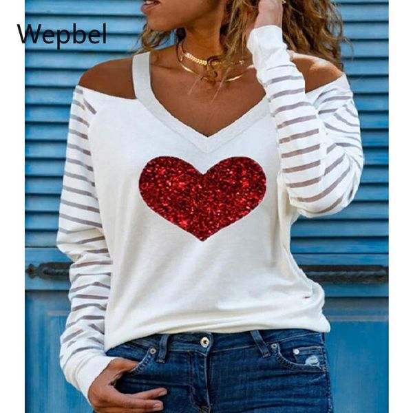 

women's t-shirt wepbel off shoulder shirts long sleeve women tshirts heart sequin gauze striped loose solid color summer tees, White