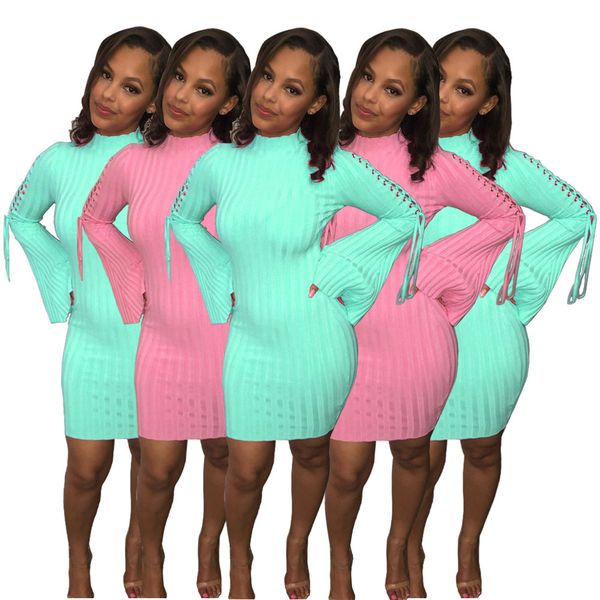 

2021 New Arrivals Women Clothes Bell Sleeve Solid Color Bandge Mini Dresses Fashion Casual Female Clothing, Cyan