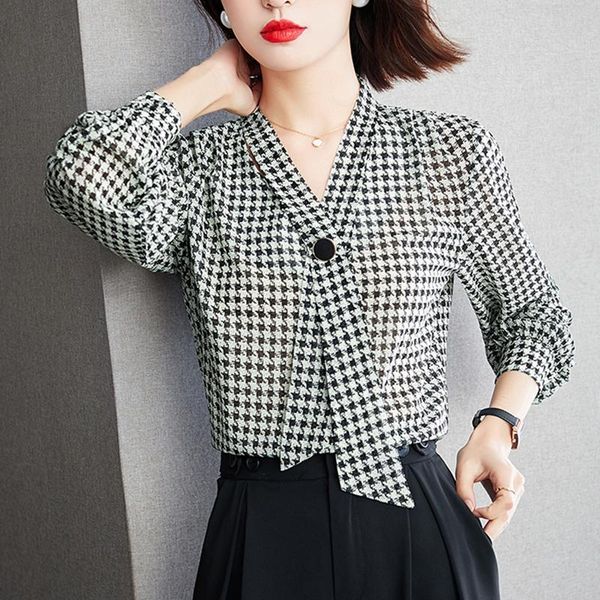 

women's blouses & shirts ljsxls 2021 autumn thousand birds plaid chiffon shirt women v neck vintage long sleeve roupas femininas plus s, White