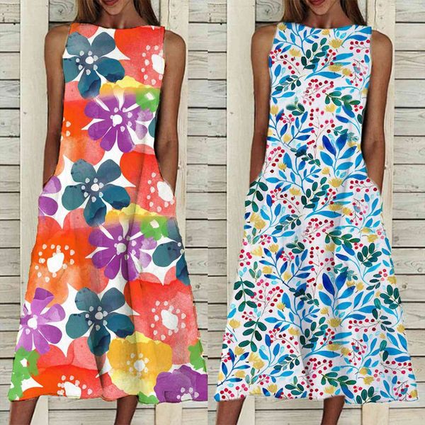 

summer sleeveless o neck women dress printing pocket plus size sleep long dresses ladies clothing, Black;gray