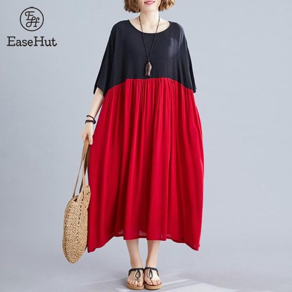 

easehut mori girl cotton linen dress women one piece o-neck short sleeve stitch baggy casual femme midi summer 2021 dresses, Black;gray