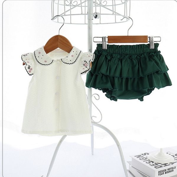 

clothing sets wholesale spring girls 2-pcs sleeveless peter pan collar white + green solid color shorts kids clothes e9212 b9a5