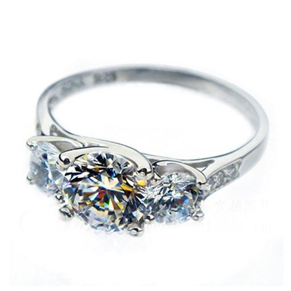 

cluster rings solid 14k white gold 1.7ct three stone round classic jewelry never fade elegant quality reliable ring women wedding, Golden;silver