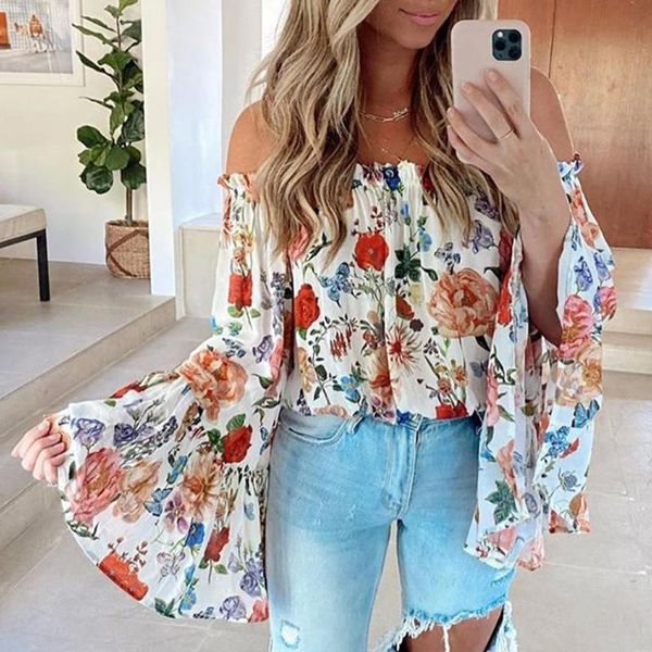 

foridol off shoulder bohemian flare sleeve blouse shirts women long printed boho chiffon vintage 2021 women's blouses &, White