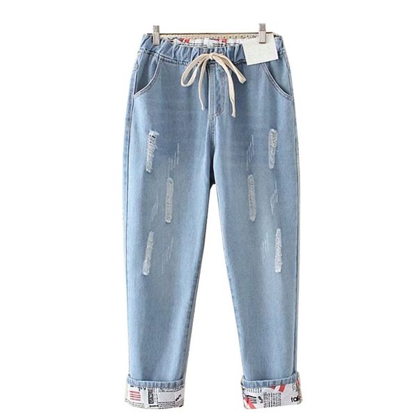 

plus size elastic waist hemming boyfriend loose ripped denim harem jeans 4xl 5xl light blue girls casual pants for women