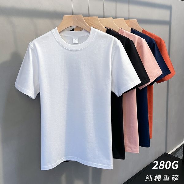 

280g solid color t-shirt large size and women's cotton white cylinder seamless short sleeve bucket woven t-shirt, White;black