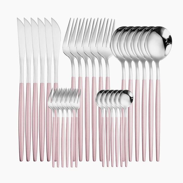 

pink silver dinnerwware set western tableware forks spoons knives sets rainbow color utensils golden cutlery drop dinnerware