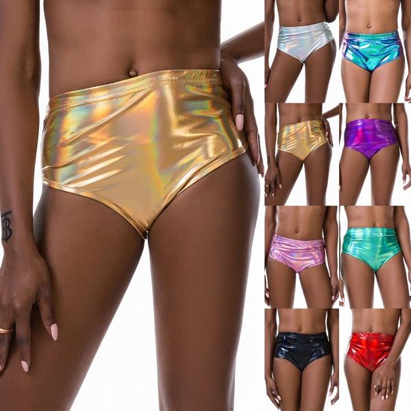 

women's leggings leather faux short panty glossy metallic rave dance trousers high waist pants black red silver golden