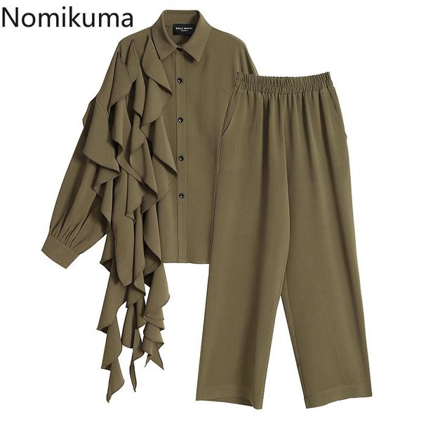 

nomikuma korean two piece suit women irregular ruffle patchwork blouse shirt + stretch high waist wide leg long pants sets 6e039 women', White