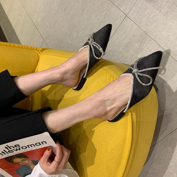 

pointed toe women slippers stain slides flats heeled slip on casual slides slippers summer beach shoes 35-39 210513, Black