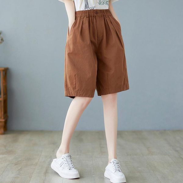 

women's shorts summer women casual vintage loose cotton elastic high waist elegant office lady daily all-match simple knee length pants, White;black