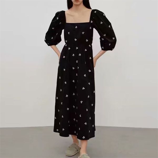

women summer vintage black dress za half sleeve slash neck elastic waist female elegant embroidery dresses vestidos 210513, Black;gray