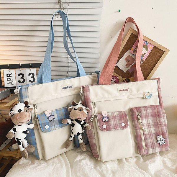 

evening bags japanese high school student handbag plaid print tote crossbody women nylon big bag shoulder book girls satchels