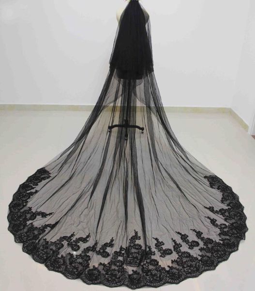 

bridal veils real picture two layers sequins lace edge 3 meters black long wedding veil with comb 2t custom made