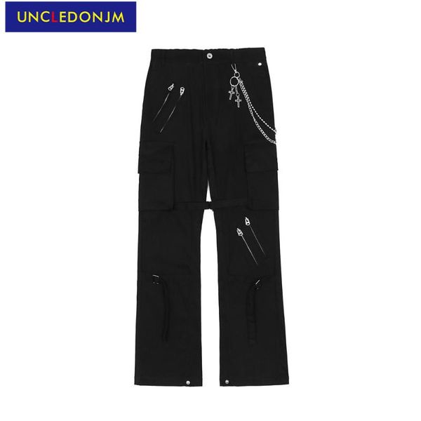 

men's pants uncledonjm chain accessories cargo japanese streetwear mens hip hop clothing techwear trousers zipper tactical 20135, Black
