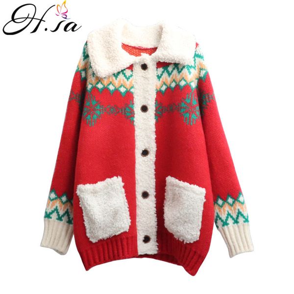 H.SA Mulheres Fleeced Sweater e Cardigans Longo Estilo Vintage Natal Casual Tops Big Bolso Quente Geometric Knit Jacket 210417