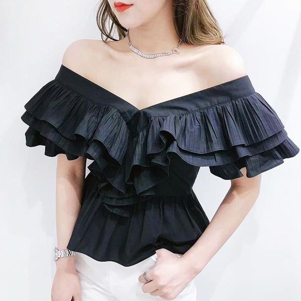 

women's blouses & shirts elegant v neck pleated ruffles blouse women butterfly sleeve 2021 summer solid smock blusas 15593, White
