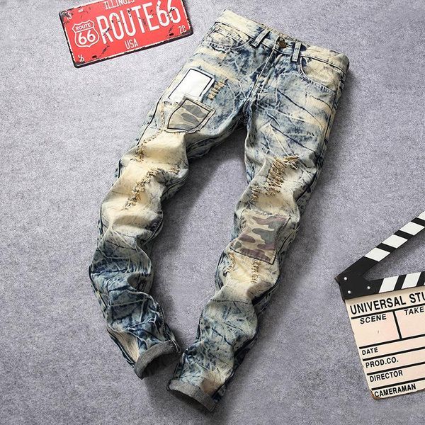 

men's stretch jeans slim fit straight denim pants vintage trousers, Blue