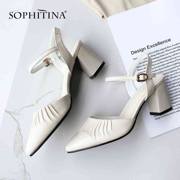 

sophitina mature women sandals ankle strap pleated design sheepskin square heel shoes fashion buckle sandals so418 210513, Black