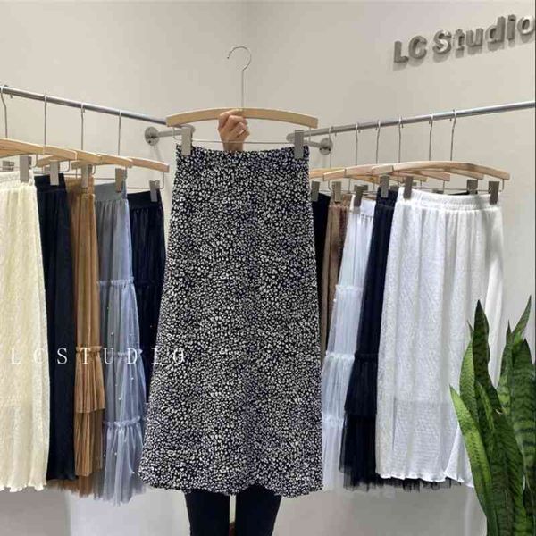 

summer leopard skirt print chiffon a-line casual fashion long s for women elastic waist elegant 210603, Black