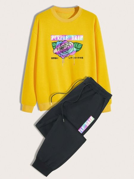 

romwe guys letter floral graphic sweatshirt & drawstring sweatpants f4bd#, Gray