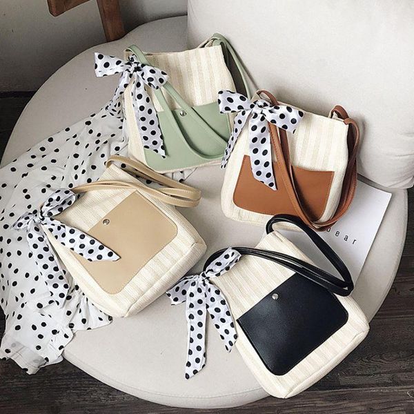 

shopping bags women's handbags fashion casual color block straw woven daily wild shoulder large capacity bag with scarf