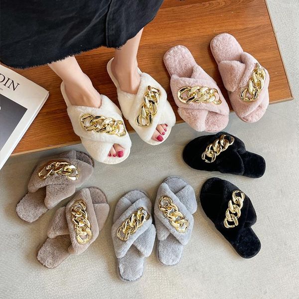 

slippers 2021 shoes winter women faux fur furry slipper cross band non slip warm slides ladies plush home, Black