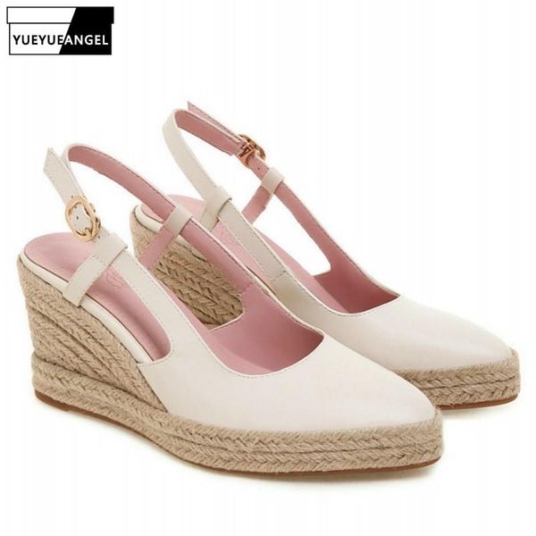 

summer pointed toe leisure lady sandals platform high heels straw handmade slingbacks women shoes wedges plus size dress, Black