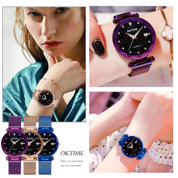 

wristwatches bright stars ladies women watch clock heart-shape with calendar star dial mesh band watches purple, Slivery;brown