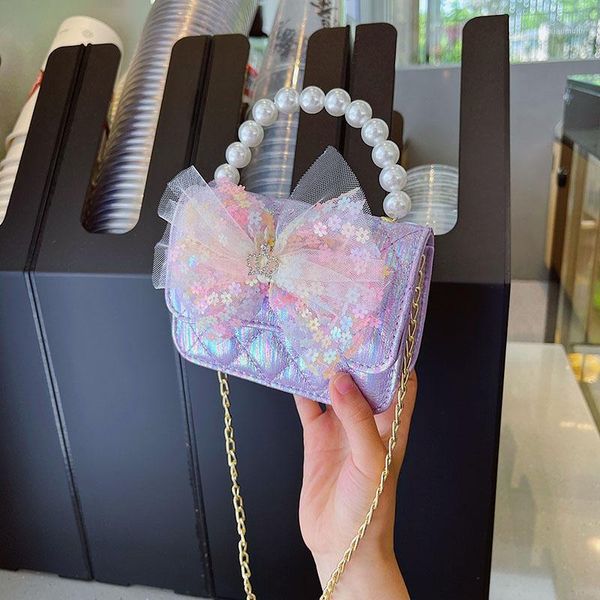 

purse children mini cute lace bow crossbody bags for baby girls small coin pouch laser kids party hand tote, White
