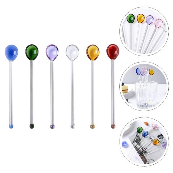 

spoons 6pcs transparent long handle glass round shape stirring sticks (assorted color)