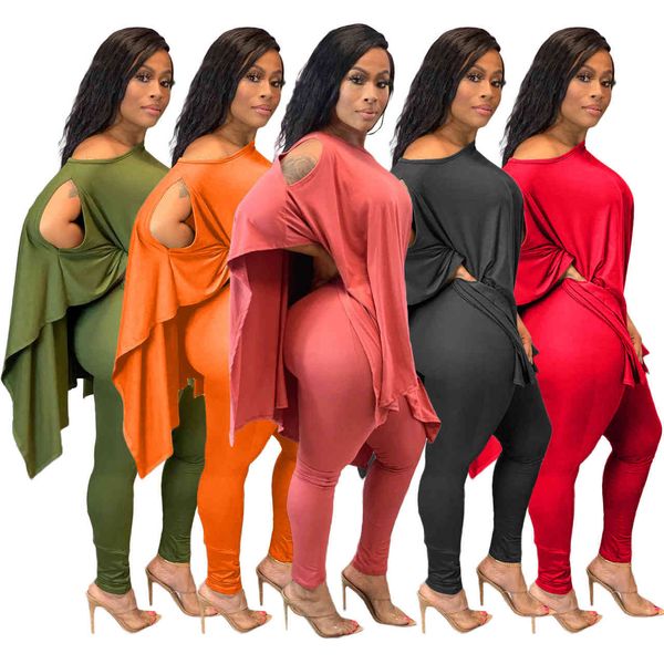 

solid color hollow out irregular slit long sleeve tshirts and leggings bodycon sweatpants women two piece outfits 1tpe, Gray