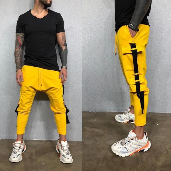 

men's casual sports pants side pockets pull hip-hop beam feet harem large size multi-color optional ropa de hombre 2021, Black