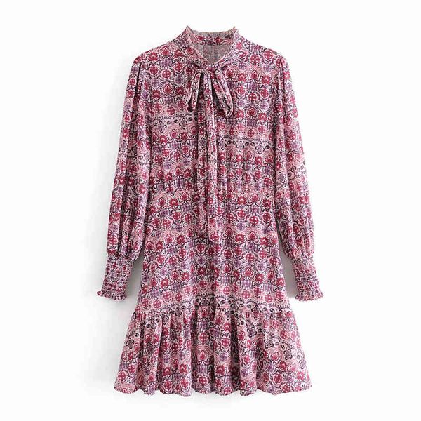 

elegant women geometric floral print dresses fashion ladies ruffles bow stand collar dress vintage female chic vestidos 210427, Black;gray