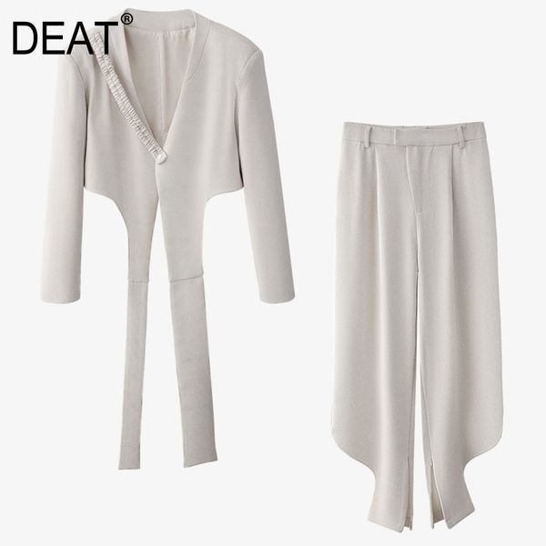 

high street style irregular solid v-neck suit coat wide leg trousers two piece set women fashionable summer gx1239 210421, White