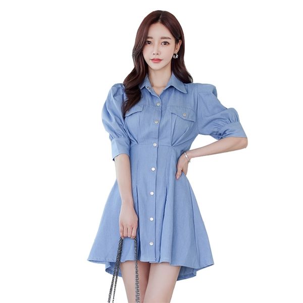 

denim a line shirt dress korean ladies blue short sleeve cabaret party dresses for women 210530, Black;gray