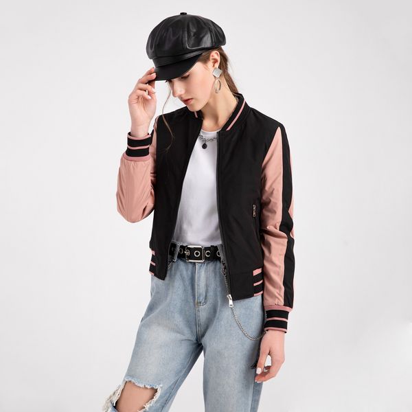 

fall/winter slim-fit women's coat jacket contrast color casual fashion loose baseball uniform long sleeved o neck zipper pocket bomber, Black;brown