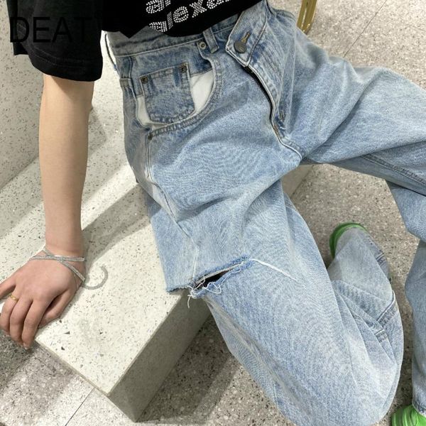 

women's jeans deat 2021 spring summer slim waist light blue fashion trend korea high hole design women trousers qx94605