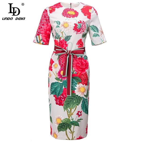 Designer mulheres slim lápis vestido verão manga curta moda floral cópia cinto vintage midi vestidos 210522