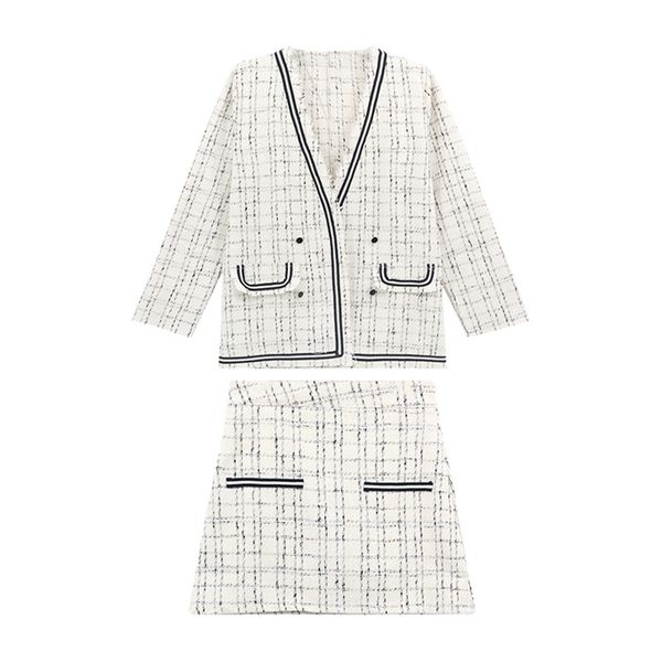 

women beige black v-neck long sleeve jacket mini skirt 2 pieces set elegant tweed plaid t0298 210514, White