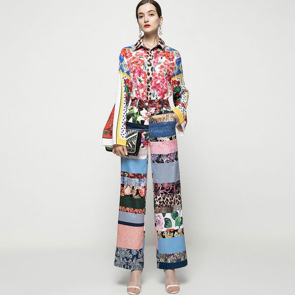 

women's two piece pants sets turn down collar long sleeves shirt with printed floral pant fashion runway twinsets, White