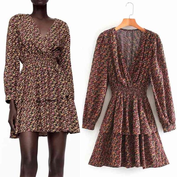 

autumn floral printed mini dress women v neck long puff sleeve ruffle woman vintage elegant ladies es 210519, Black;gray