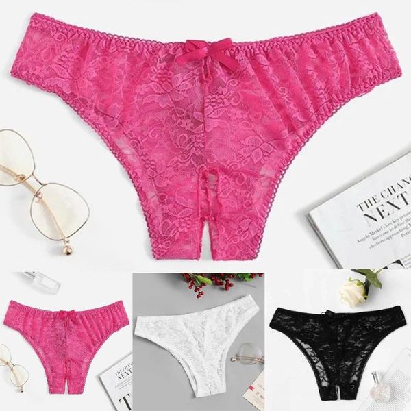 

lingerie women printed floral lace bowkont underwear brief fashion hollow out solid color thong panties 1pc women's, Black;pink