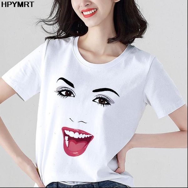 

women girl face red lip prints t shirts harajuku casual aesthetic femme graphic hipster vintage korean tee, White
