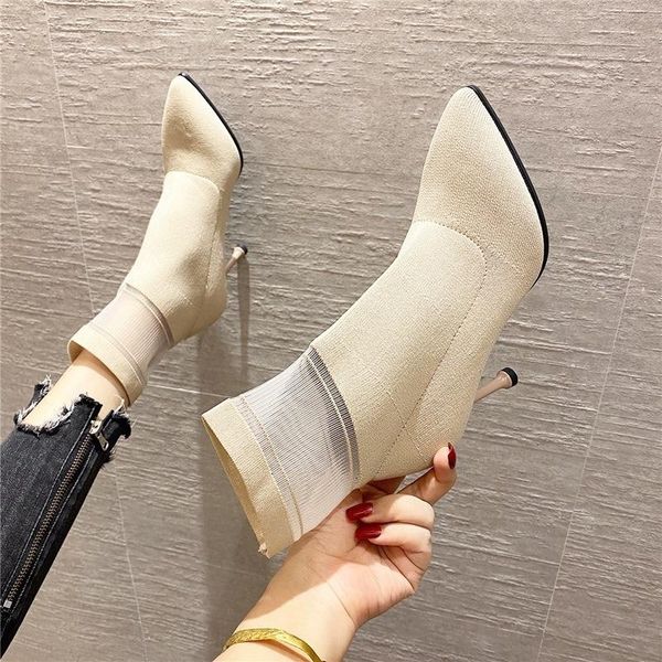

dress shoes sock boots pointed short women's thin heel high heels autumn winter 2021 fashion show elastic, Black