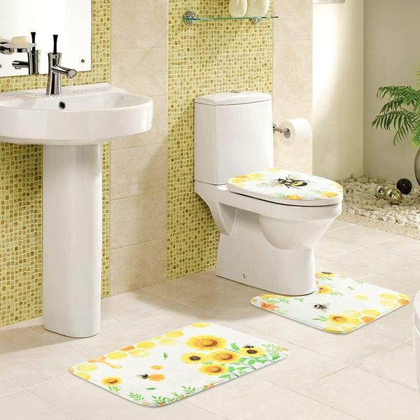 

bath accessory set 4 piece bee and flower bathroom decor inch yellow floral waterproof shower curtain with non-slip rugs mat 12 hooks